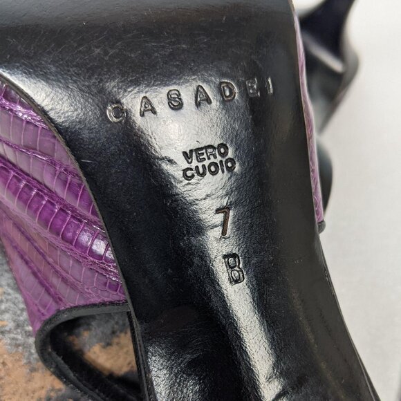 Vintage Designer y2k Purple Snakeskin Leather Peeptoe Slingback Heels 7 - Picture 8 of 10